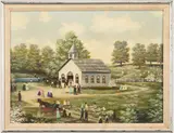KY Folk Art Amish Church Scene by Rosa Brooks Beason, oil on board, sold Jul 2021
