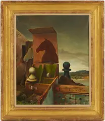 Exhibited Surrealist , The Origins of the Endgame by Samuel Bak, oil on canvas, sold Jul 2025