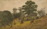 Log Cabin and Corn Shocks at ‘Oak Rued,’ Rockville, Maryland by Carl Gutherz or Guthers, oil on canvas, sold Jul 2025