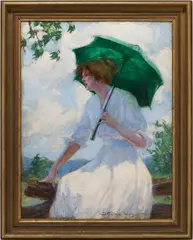 Woman with Green Parasol by Catherine Wiley, oil on canvas, sold Jul 2024