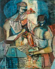Expressionist Figural , Men w/ Chickens by Robert Birdwell, oil on canvas, sold Jan 2026
