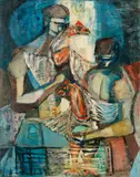 Expressionist Figural , Men w/ Chickens by Robert Birdwell, oil on canvas, sold Jan 2026