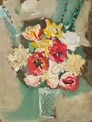Bouquet with Tulips by Sterling Strauser, oil on board, sold Jan 2026