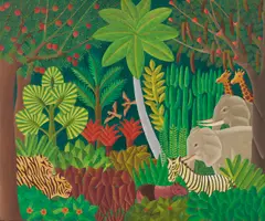 Haitian Jungle Scene by Salnave Philippe-Auguste, oil on masonite, sold Jan 2026