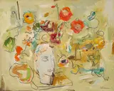 Flowers in Figural Vase by Sterling Boyd Strauser, oil on board, sold Jan 2026