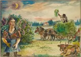 Farm Scene Landscape , Haymaking by David Burliuk, watercolor on paper, sold Jan 2026