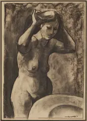 Nude Woman at Basin by Meyer Wolfe, charcoal on paper, sold Jul 2025