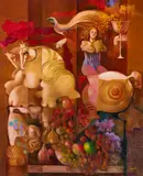 Surrealist by Josep Baques, oil on board, sold Jul 2025