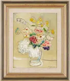 Floral Still Life w/ White Vase by Sterling Strauser, oil on board, sold Jul 2025