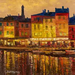 Cityscape at Night by Howard Behrens, oil on canvas, sold Jul 2025