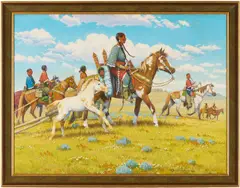Western Landscape w/ American Indians by Tom E. Scarborough, 2004, oil on canvas, sold Jul 2025