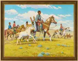 Western Landscape w/ American Indians by Tom E. Scarborough, 2004, oil on canvas, sold Jul 2025