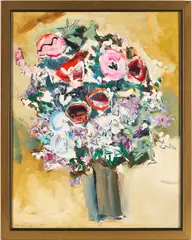 Floral Still Life w/ Blue & Brown Vase by Sterling Boyd Strauser, oil on board, sold Jul 2025