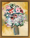 Floral Still Life w/ Blue & Brown Vase by Sterling Boyd Strauser, oil on board, sold Jul 2025