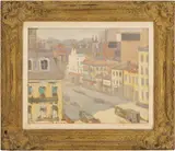 Frederick De Voll Cityscape, Milk Delivery Early Morning by Frederick DeVoll, oil on board, sold Jul 2025