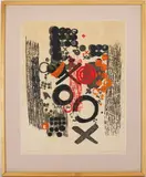 Yoshida Modernist Woodblock , Red Whirlpool by Chizuko Yoshida, 1964, woodcut, sold Jul 2024