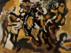Garage Band by Sterling Strauser, 1960, oil on board, sold Jul 2024