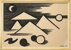Landscape w/ Pyramids & Moon by Alexander Calder, 1953, ink, sold Jul 2024