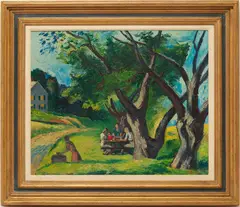 The Picnic by Ernest Fiene, oil on canvas, sold Jul 2024