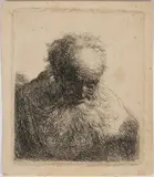 Rare Rembrandt , Bust of an Old Man w/ a Flowing Beard: Head Bowed Forward by Rembrandt Harmensz van Rijn, etching, sold Jul 2024
