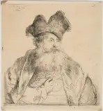 Rembrandt , Old Man with Divided Fur Cap by Rembrandt Harmensz van Rijn, etching, sold Jul 2024