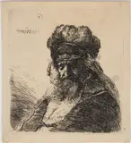 Rembrandt , Old Bearded Man in a High Fur Cap, with Eyes Closed by Rembrandt Harmensz van Rijn, etching, sold Jul 2024