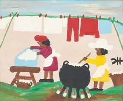 Wash Day Scene by Clementine Hunter, oil on board, sold Jan 2024