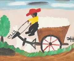 Cotton Wagon Scene by Clementine Hunter, oil on board, sold Jan 2024
