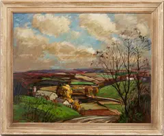 Landscape with Farmhouses by Emily Parker Groom, oil on board, sold Oct 2021