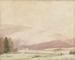 Winter Landscape with Farmhouses by Andrew Thomas Schwartz, oil on canvas, sold Oct 2021