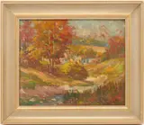 Farmhouse in Autumn Landscape by Leon Lippert, oil on board, sold Oct 2021