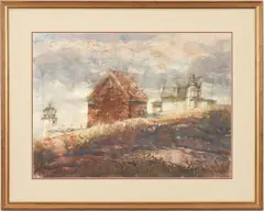 Light House & Houses a Hill by Carl Sublett, watercolor on paper, sold Oct 2021