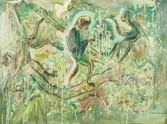 Three Monkeys by Sterling Strauser, oil on board, sold Oct 2021