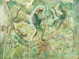 Three Monkeys by Sterling Strauser, oil on board, sold Oct 2021