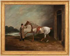 A Gentleman with a Hunter Beside a Stable by Edwin Cooper, oil on canvas, sold Oct 2021