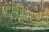 Landscape w/poplars by Wilson Henry Irvine, oil on canvas, sold Jul 2018