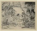 Rembrandt "Adoration of the Shepherds by Rembrandt H. Van Rijn, etching, sold Jul 2016