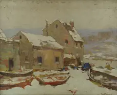 Winter Wharf Scene by Henry Hobart Nichols, oil on board, sold Oct 2012