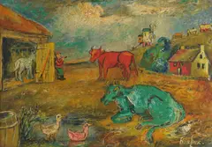 Farm with cows by David Burliuk, oil on canvas, sold Oct 2012