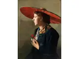 Portrait Einer Dame mit Breitem Roten hut by Hans Götzinger, oil on canvas, sold Mar 2024