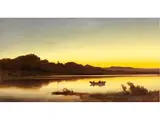 Flusslandschaft mit Fischerboot im Abendlicht by Anton Zwengauer, oil on canvas, sold Mar 2025