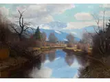Flusslandschaft im Vorfrühling vor Alpenkulisse by Fritz Müller-Landeck, 1865 - 1942, oil on canvas, sold Mar 2025