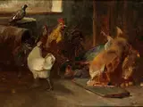 Hühnerhof mit Totem Fuchs by Johann Baptist Hofner, 1832 – 1913, oil on board, sold Dec 2018