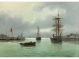 Hafenbecken mit Anliegenden Grossen Segelschiffen by Charles François Pécrus, oil on canvas, offered Sep 2023