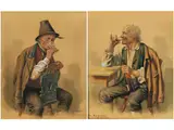Mann an Einem Tisch und auf Einem Stuhl bei der Weinprobe by Peter Krämer, watercolor, sold Sep 2024