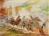 Die Attacke by Jerzy Kossak, oil on canvas, sold Sep 2023