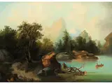 Gebirgssee mit Bauern und heu in Einem Kahn by Albert Lang, 1847 Karlsruhe – 1933 München, oil on canvas, sold Apr 2018