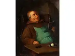 Beleibter Mönch mit Buch und Rettich by Ludwig Klein, oil on board, offered Jun 2021
