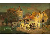 Süddeutsche Kleinstadt mit Postkutsche by Wilhelm Velten, oil on panel, sold Dec 2019