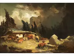 Vor dem Gewitter in den Bergen by Friedrich Voltz, oil on canvas, sold Dec 2019